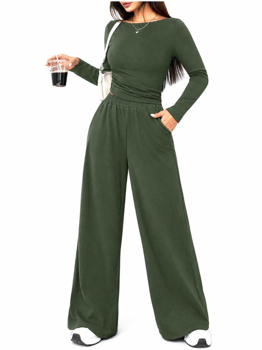Petite Olive Green Two Piece Lounge Set Boat Neck Wide Leg Pants Large - Picture 4 of 5
